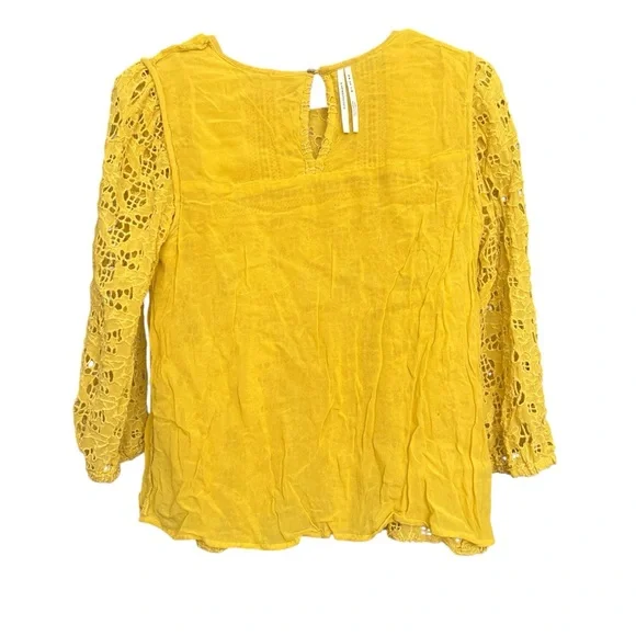 Anthropologie Clementine Peasant Blouse SZ 6 Yellow Eyelet Ruffles Boho Hipster - Picture 7 of 11